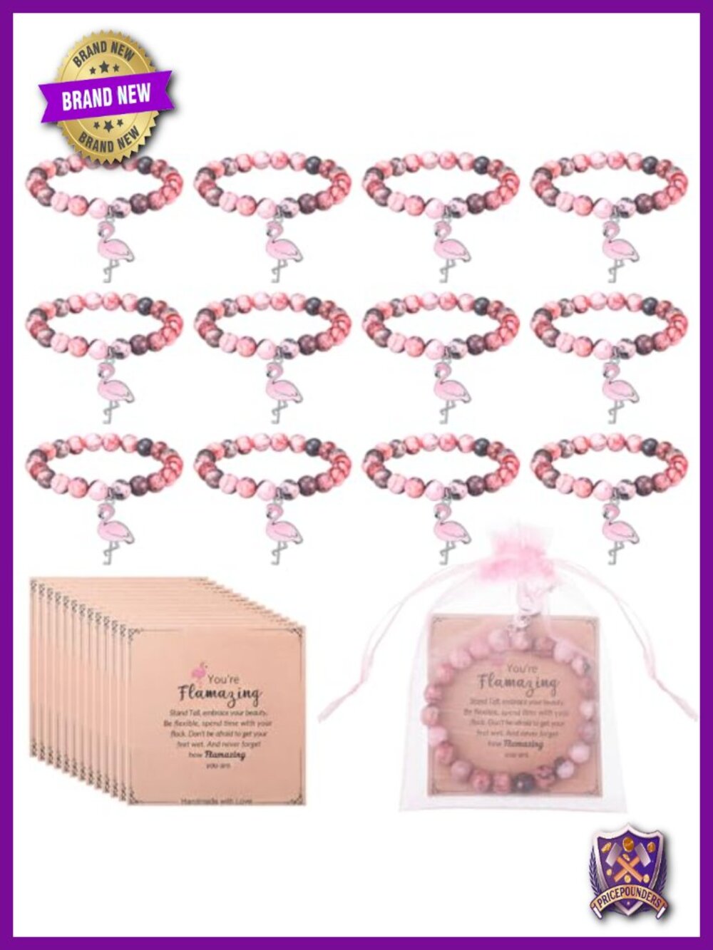 12 Natural Stone Elastic Beaded Flamingo Charm Bracelet Set with Cards & Mesh
